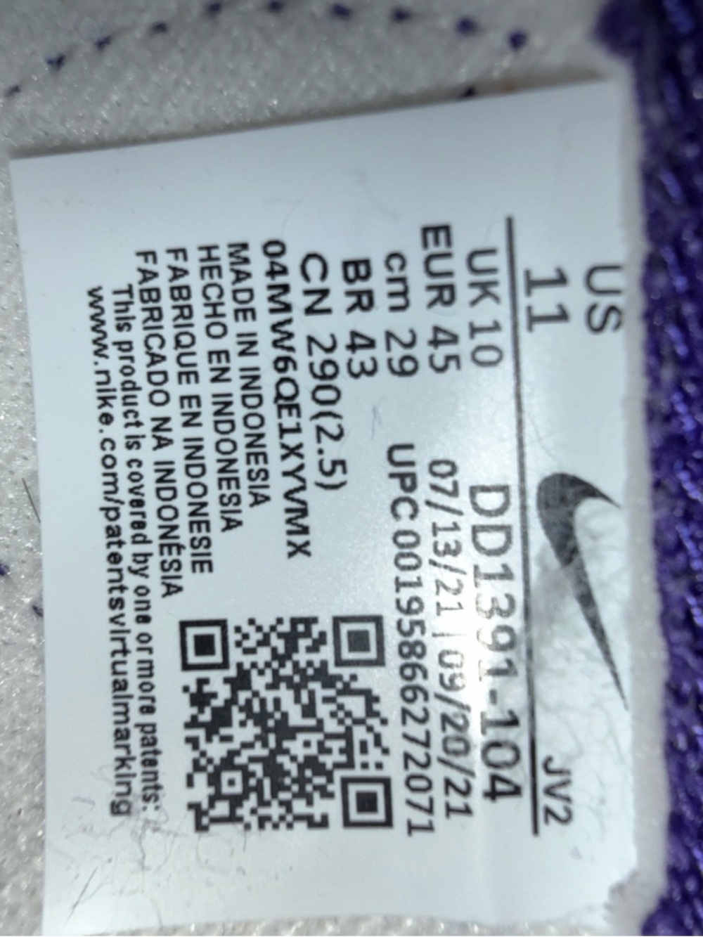 Used Nike Dunk Low Retro White Court Purple Men's Sneaker DD1391-104 Low Sz 11M - Picture 9 of 12